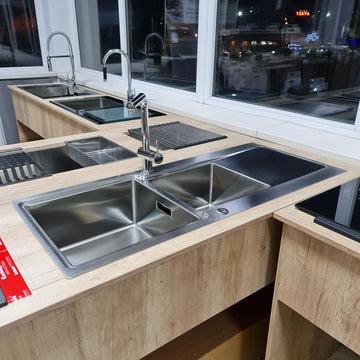 Chiuveta bucatarie inox dubla cu 2 cuve + picurator si ventil automat reversibila stanga/dreapta + accesorii montaj, 1160x500x200 mm cod 6072